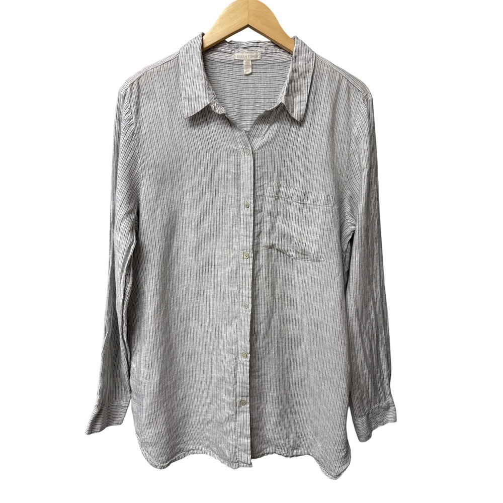 Eileen Fisher 100% Linen Button Up Womens L Gray Striped Lagenlook Coatal EUC